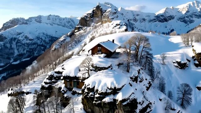 "Chalet enneig&eacute; dans les montagnes alpines"

