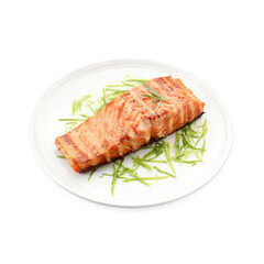 Delicious grilled salmon fillet with lime zest isolated on white