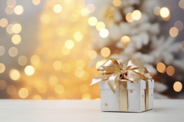 Christmas white gift on table.
