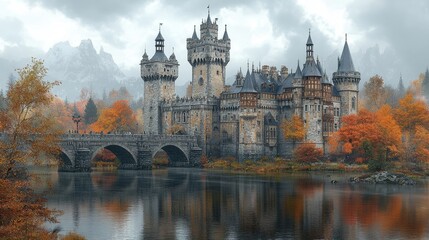 Obraz premium A captivating view of a grand castle amidst autumn foliage, reflected in a tranquil lake, offering a serene and picturesque landscape for art lovers.