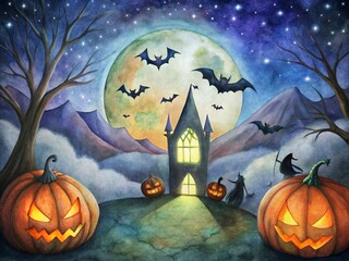Halloween. Mystical landscape. Bat-shaped window. A witch on a broomstick flies in the sky. Full moon. Sinister pumpkins with glowing eyes gaze intently. Bats fly across the starry sky. Cutout style.