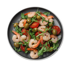 Delicious shrimp salad with tomato and olives isolated on white, top view