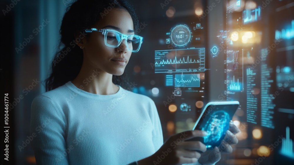 Aufkleber A woman is using a smartphone, with a screen displaying data, standing in front of holographic displays that show charts and graphs.