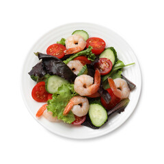 Delicious shrimp salad with vegetables isolated on white, top view