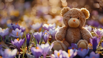 Fototapeta premium A cute teddy bear in a sunny spring forest surrounded by gorgeous saffron or violet crocus flowers