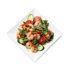Delicious shrimp salad with vegetables isolated on white, top view