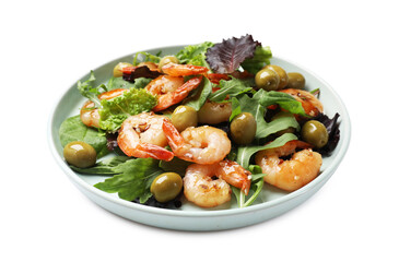 Delicious shrimp salad with olives isolated on white