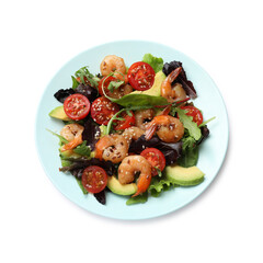 Delicious shrimp salad with vegetables isolated on white, top view