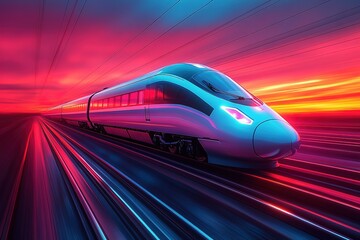 Obraz premium A train is traveling down the tracks with a bright orange sky in the background