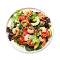 Delicious shrimp salad with vegetables isolated on white, top view