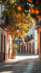 Fototapeta premium Panoramic View of a Vibrant Spanish Street with Orange Trees, AI generated illustration