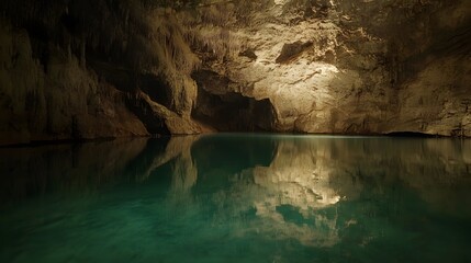 67. A dark and mysterious underground lake with reflective waters