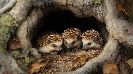 65. A family of hedgehogs hibernating in an underground den