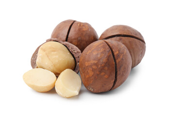 Macadamia nuts with shells isolated on white