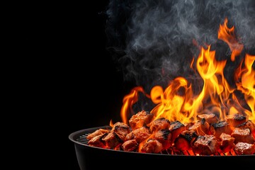 Open charcoal grill with bright flames rising from the coals, smoke swirling in the air, dark background, ready for outdoor barbecue, fiery heat
