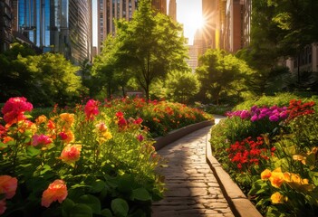 Fototapeta premium lush urban green spaces featuring vibrant flower beds lively foliage bustling city setting, park, garden, landscape, flora, greenery, vegetation, blooming