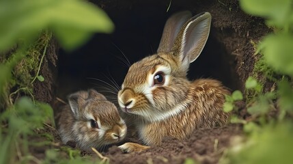 Obraz premium 68. A burrow of a rabbit with its young nestled in the soft earth