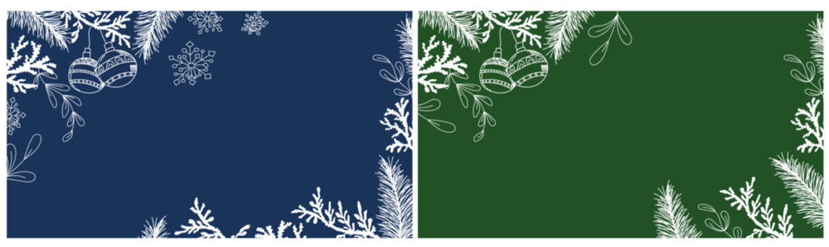 Fondo Navidad Simple de color azul y verde con decoraciones de hojas y adornos de navidad en blanco