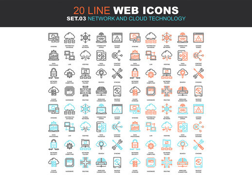 Vector set of network and cloud technology line web icons. Each icon with adjustable strokes neatly designed on pixel perfect 64X64 size grid. Fully editable and easy to use.