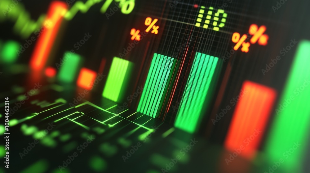 Aufkleber a close-up of a 3d bar graph with green and red bars, illustrating financial growth and decline, wit