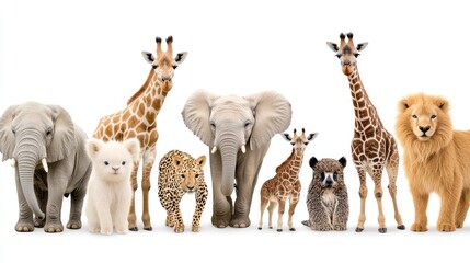 This illustration depicts a variety of animals including an elephant, giraffe, monkey, lion, and others, all gathered together on a clean white background, celebrating wildlife diversity