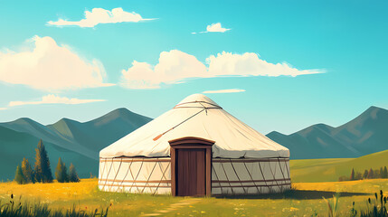 Yurt national old house of asian peoples. kazakhstan yurta on summer background of green meadows and highlands. Mongolian Yurt. Illustration