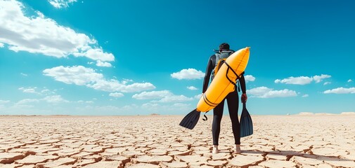 Surreal image of a person wearing snorkeling gear and flippers in a dry, sandy desert, holding a float, blending summer fun with an unexpected setting