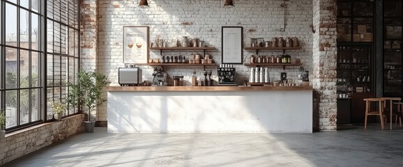 Modern Coffee Shop Interior with Exposed Brick Walls and Large Windows