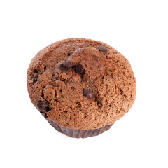 Delicious sweet muffin with chocolate chips isolated on white