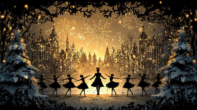 A magical winter scene featuring silhouette of dancers in snowy landscape, surrounded by trees and ornate buildings. atmosphere is enchanting, evoking spirit of Nutcracker ballet