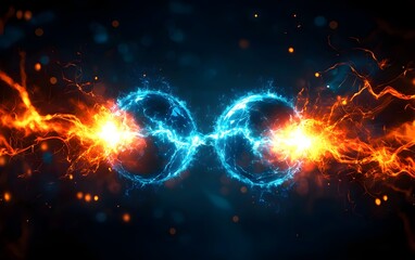 Obraz premium Two glowing energy spheres connected by beams of blue light, surrounded by fiery electric arcs, concept of quantum entanglement and futuristic energy