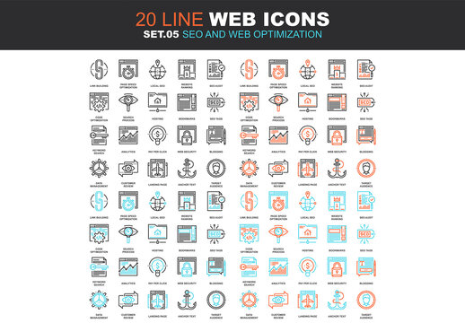 Vector set of SEO and web optimization line web icons. Each icon with adjustable strokes neatly designed on pixel perfect 64X64 size grid. Fully editable and easy to use.
