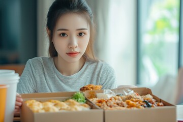 Asian woman with takeaway food and drinks at home. consumption eating home delivery food. enjoying delicious takeaway delivery tasty meal. generative ai