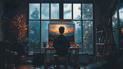 58. An artist painting a rainy landscape from the comfort of a cozy studio with large windows