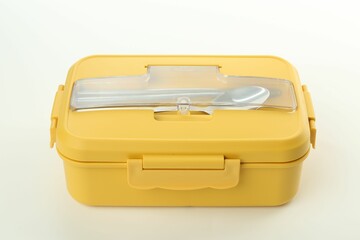Yellow lunch box with cutlery isolated on white