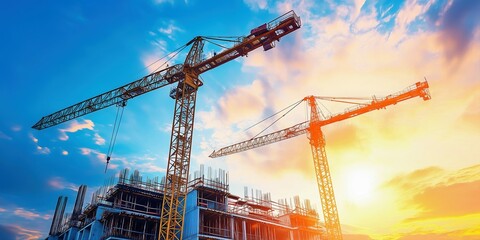 towering cranes building a skyscraper at sunrise, the vivid blue sky contrasts with the orange glow of the sun