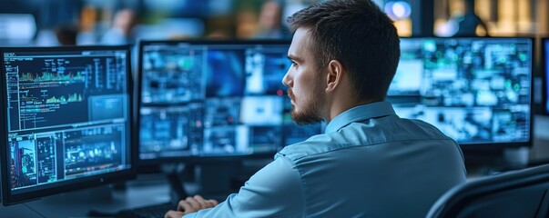 Focused man analyzing data on multiple screens in a modern office environment.