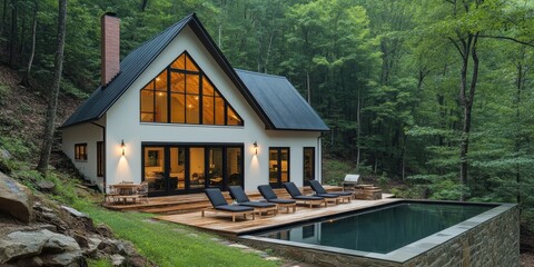 Beautiful modern A-frame cabin in a serene forest setting with a luxurious pool and outdoor seating area, surrounded by lush greenery and tall trees