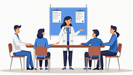 Illustration of doctors having a meeting about patient medical records in a medical setting