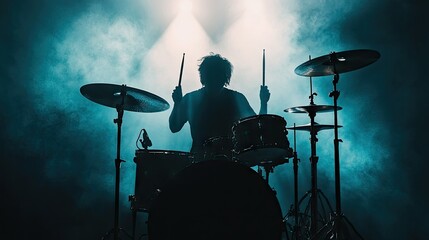 Fototapeta premium A silhouette of a drummer playing in a dimly lit studio, illuminated by soft lighting from behind, creating a dramatic effect as the drumsticks strike the drum kit.
