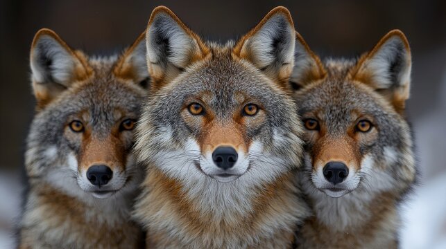 Three coyotes standing close together in a snowy environment, showcasing their sharp features and alert demeanor during winter