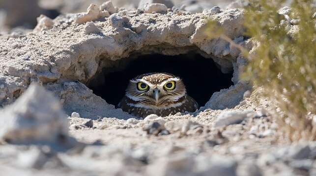 1. A burrowing owl emerging from its underground nest in a desert landscape