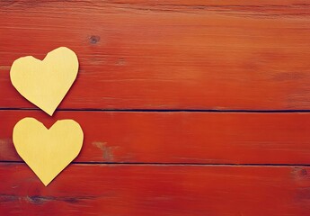 Fototapeta premium Red Wooden Background With Yellow Hearts For Valentine's Day