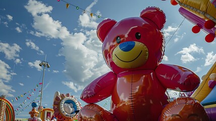 Naklejka premium A giant inflatable teddy bear at carnival bright colors and festive atmosphere
