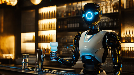  A robotic bartender serving drinks at a high-tech bar. 