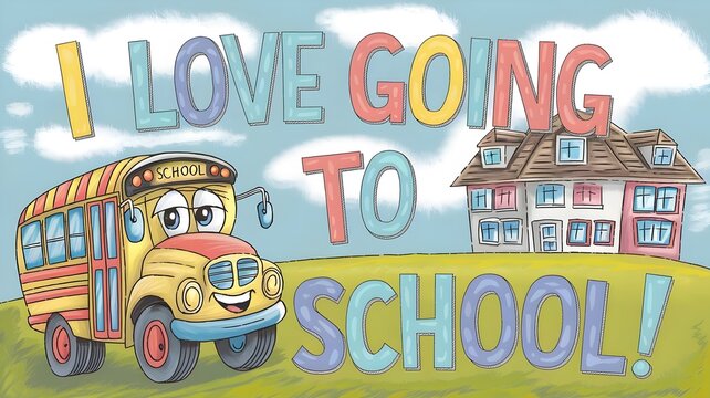 Smiling school bus and building with "I love going to school!" text