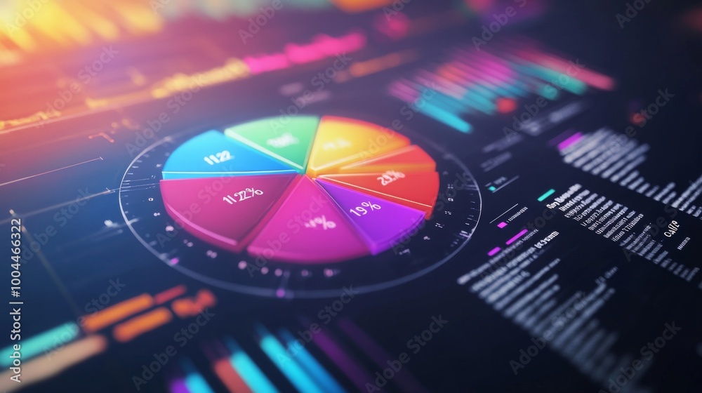 Fototapete a close-up of a colorful financial pie chart on a digital dashboard, with floating data labels showi