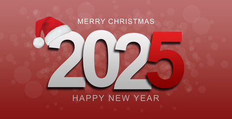 Naklejka premium Happy new year 2025 greeting with santa hat. Vector illustration isolated on red background.