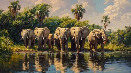 Obraz premium African elephants gathered by the water, with lush vegetation in the background, creating a peaceful wildlife scene.