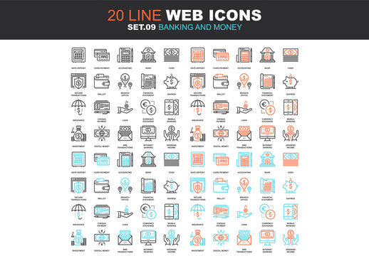Vector set of banking and money line web icons. Each icon with adjustable strokes neatly designed on pixel perfect 64X64 size grid. Fully editable and easy to use.